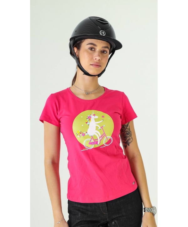 Футболка с единорогом на велосипеде и гривой из цветов (розовый)